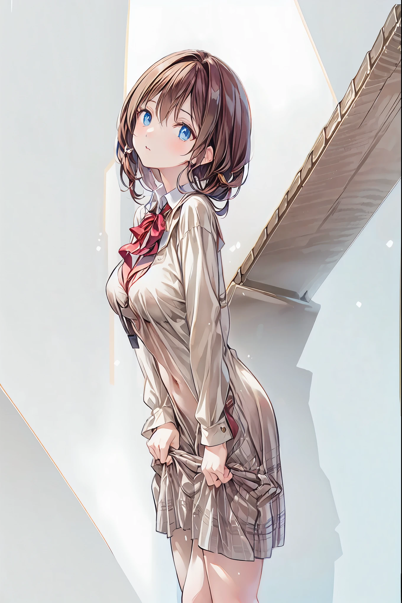 ((Winter clothes))、(( comments))、( top quality ,masterpiece:1.3, Super high resolution),( very detailed, caustics,8k),( realistic :1.4,RAW shooting),18 years old, Japanese , cute, Looking at the camera and smiling ,blazer uniform, Slouching Position with Collar , waist up shot ,( Her Nipples Stand :1.2),( face close-up :1.2),(Low position:1.3),( low angle:1.4),Brown Hair, shortcuts, slender beauty , messy hair,Cityscape, Brown Hair, shortcuts, tousled hair , short braided hair,Neat, beautiful slender woman ,Correct posture, small breasts, Beautiful Legs, Seductive Gray-Blue Eyes Shine Like Stars,Droopy eyes, brightly colored , beautiful eyes,A delicate smile, Textured Skin, BEST QUALITY BEST , A Parody of a Gentle and Beautiful Woman , anime style 、
