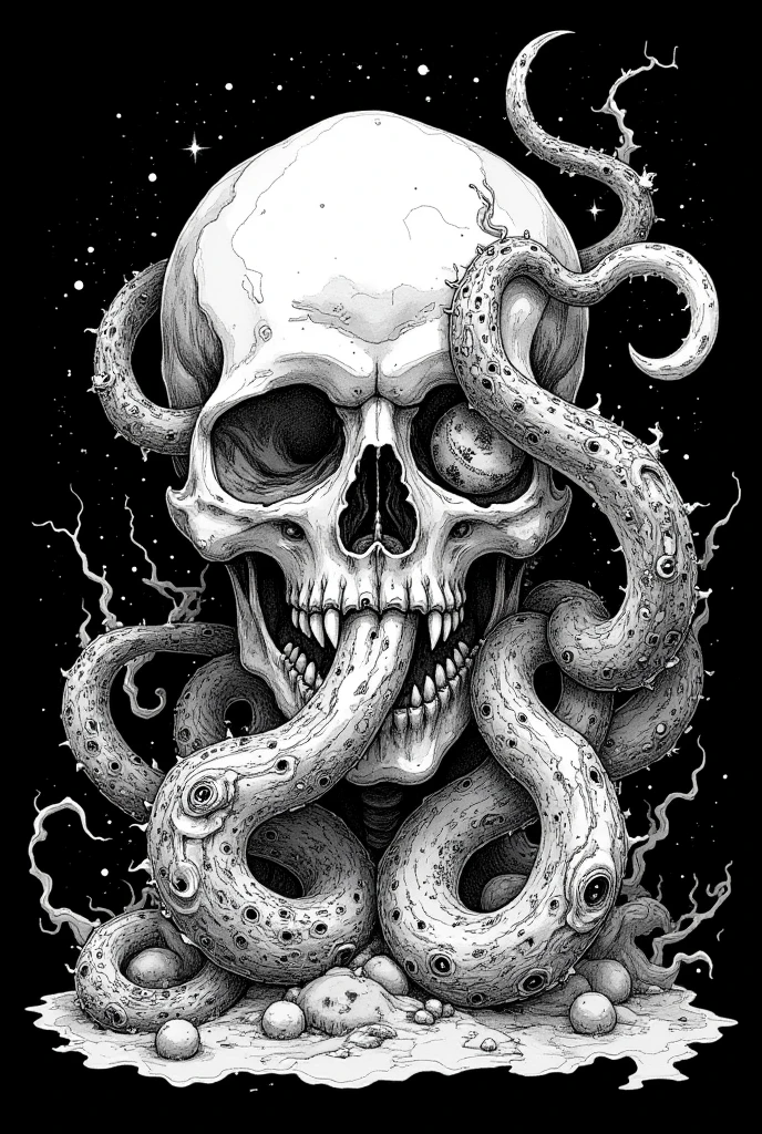  ink painting inspired by comic book panel illustrations,  black and white picture of a slug monster entangled in a skull ,  nightmarish illustration,  detailed digital drawing,  Highly Detailed Line Drawing ,  hyper detailed line drawing ,  horror!!  very detailed,  insanely detailed line drawing ,  very detailed linework, Strong line drawing,  very detailed dark art, 怖い detail カラーのアート ,  horror illustration,  detailed ink painting Lovecraft illustration , Lovecraft Art , HP Lovecraft Style ,  Space horror illustration ,  lovecraftian Inspiration ,  Mixed Venom and Cthulhu ,  Lovecraft cosmic horror ,  Lovecraft Myths , Inspired by Lovecraft, ラブクラフトの horror, anatomically correct,  very detailed,  detail ,  drawn in white on a black background 