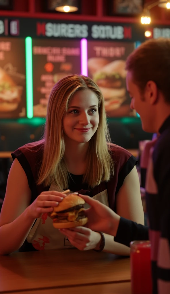 "Ultra-realistic 3D scene in a burger restaurant. Thor is sitting at a table, smiling and looking pleased as he receives a burger from Harley Quinn, who is acting as a waitress. Harley Quinn has a playful, flirtatious expression, serving the burger with a cheeky pose, exuding her signature quirky charm. Thor’s expression is warm and content, clearly enjoying the moment. The background features the cozy, vibrant ambiance of the restaurant, with burger menus, neon lights, and a casual yet lively atmosphere. The scene is cinematic, with dramatic lighting and 8K resolution to capture the details of their expressions and the lively setting."