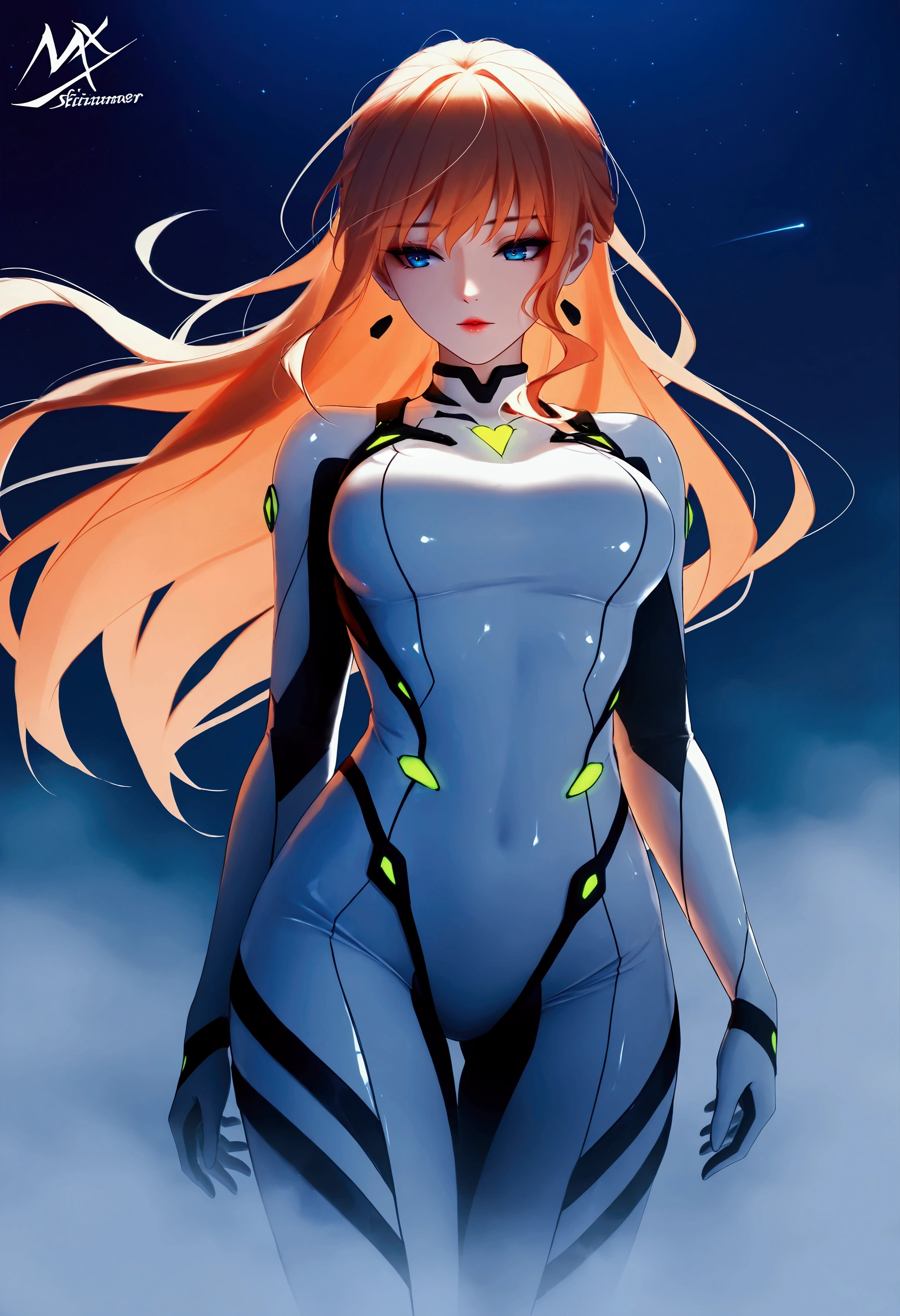 ( very detailed CG unity 8k wallpaper,masterpiece,  best quality, ultra-detailed),3d,a beautiful female model, transparent white bodysuit, slowly fading away, detailed face, beautiful eyes, full lips, long lashes, flowing hair, elegant pose, Under an empty night sky , Orange Hair , dramatic lighting, ethereal, Surreal, dreamlike, mist, Fog, shimmer, glowing, 8k, high-quality, cinematic, masterpiece,