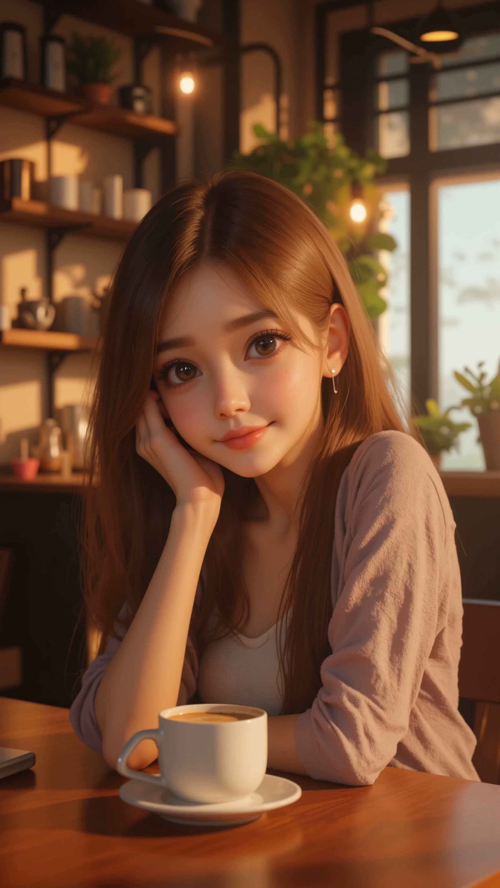 A young anime girl with large expressive eyes but in realistic background, smooth skin, and a gentle smile, wearing a casual outfit, sitting at a wooden table in a cozy, realistic café. The café has a warm, inviting atmosphere, with soft natural light streaming through large windows, creating realistic shadows and highlights. Background details include shelves with coffee mugs, potted plants, and dim lighting. Photorealistic lighting, high detail, 4k resolution, cinematic depth, and realistic textures