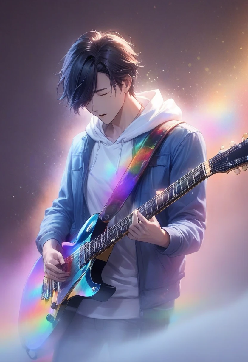  handsome dark-haired young man "Asuka" , Singing while playing the guitar ,  Wearing a white hoodie and blue jacket ,  Rainbow-colored spotlight  , LED colorful lighting and iridescent smog((Transformed Guitar ,  motion blur:1.5 ,  background blur  , Glitter Effect , Fog filter effect , Neon Dust,  gradation magic effects for singing while playing the guitar))