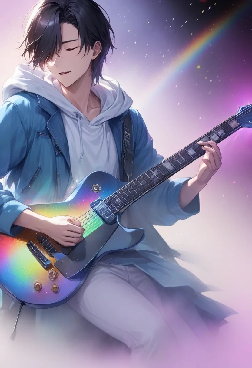  handsome dark-haired young man "Asuka" , Singing while playing the guitar ,  Wearing a white hoodie and blue jacket ,  Rainbow-colored spotlight  , LED colorful lighting and iridescent smog((Transformed Guitar ,  motion blur:1.5 ,  background blur  , Glitter Effect , Fog filter effect , Neon Dust,  gradation magic effects for singing while playing the guitar))