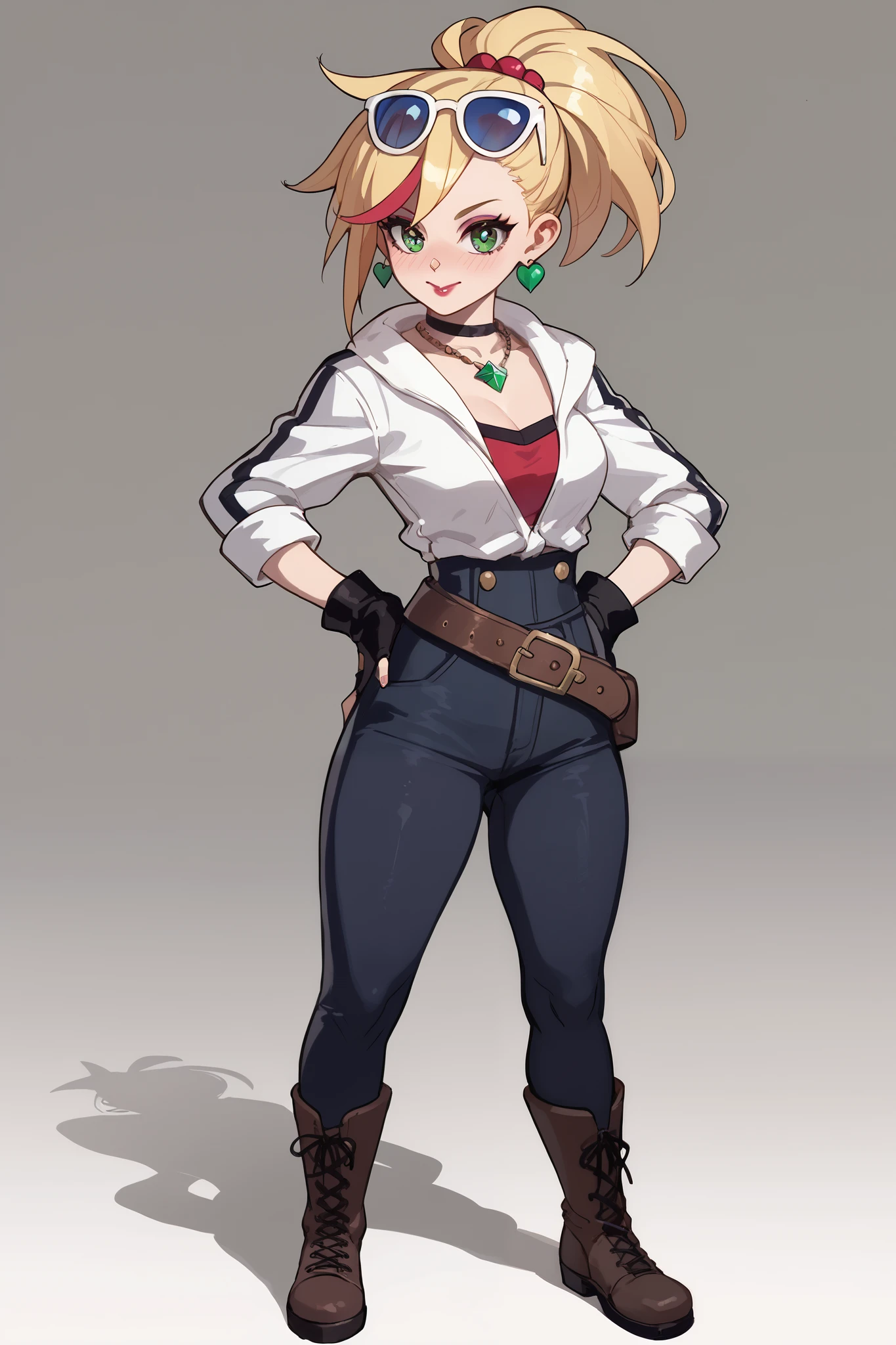 20 year old girl, ponytail blonde hair, lots of red stripes on hair, blue sunglasses on head, cute face, green eyes, long eyelashes, light blush, green earrings, prism necklace, black swin top, black swin bottom, fingerless gloves, very loose brown belt, steel toe boots, thin waist, standing, relaxed down arms, cute pose, red Lips, Makeup, Nose Blush, Full body overview, fullbody view