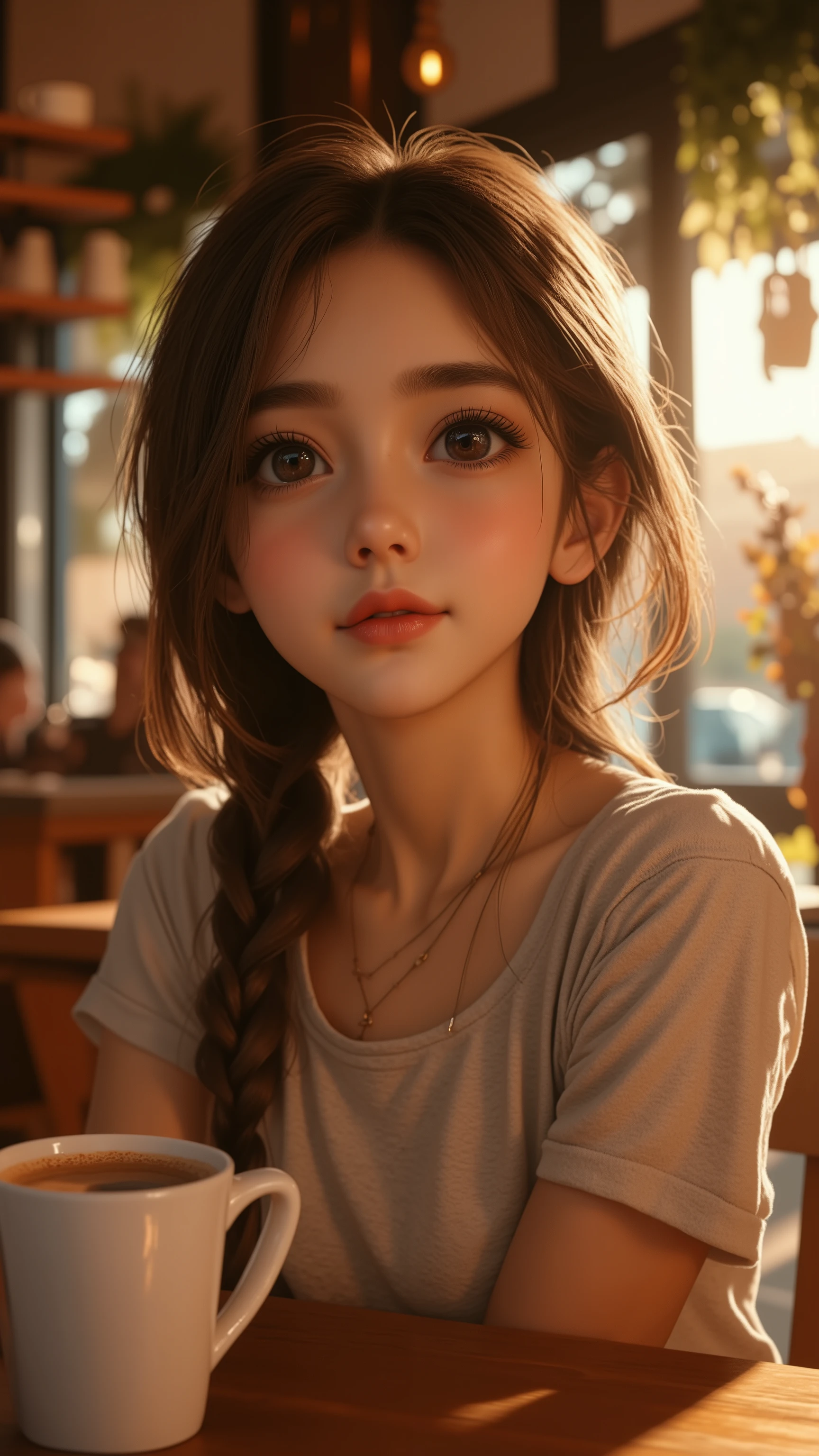 There is a young girl sitting at a table with a cup of coffee - SeaArt AI