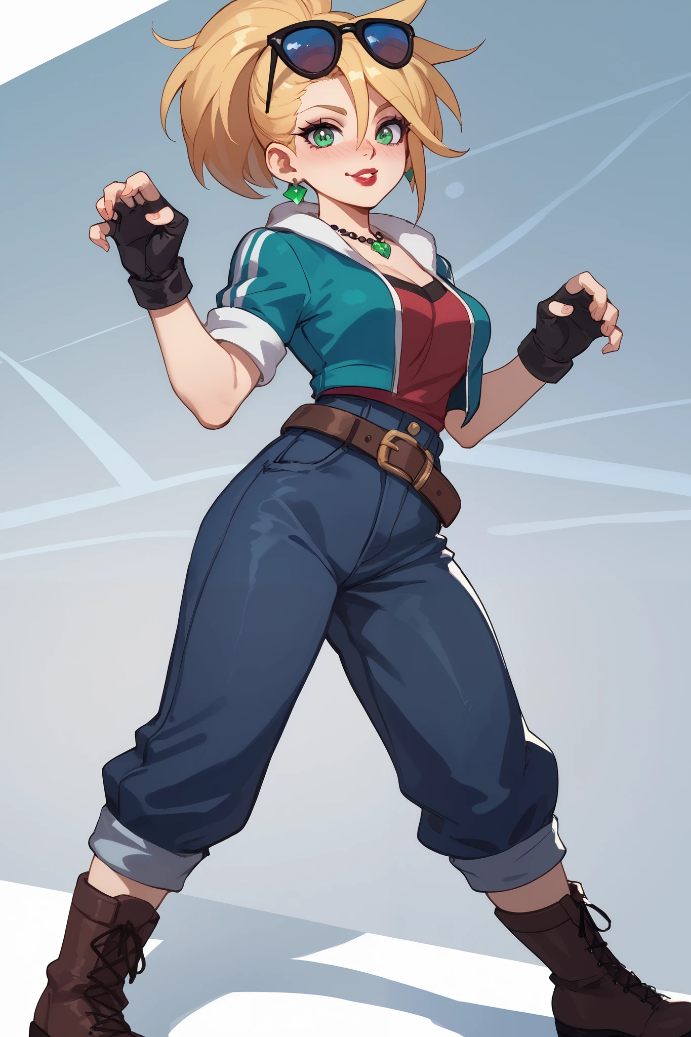 20 year old girl, ponytail blonde hair, lots of red stripes on hair, blue sunglasses on head, cute face, green eyes, long eyelashes, light blush, green earrings, prism necklace, black swin top, black swin bottom, fingerless gloves, very loose brown belt, steel toe boots, thin waist, standing, relaxed down arms, cute pose, red Lips, Makeup, Nose Blush, Full body overview, fullbody view