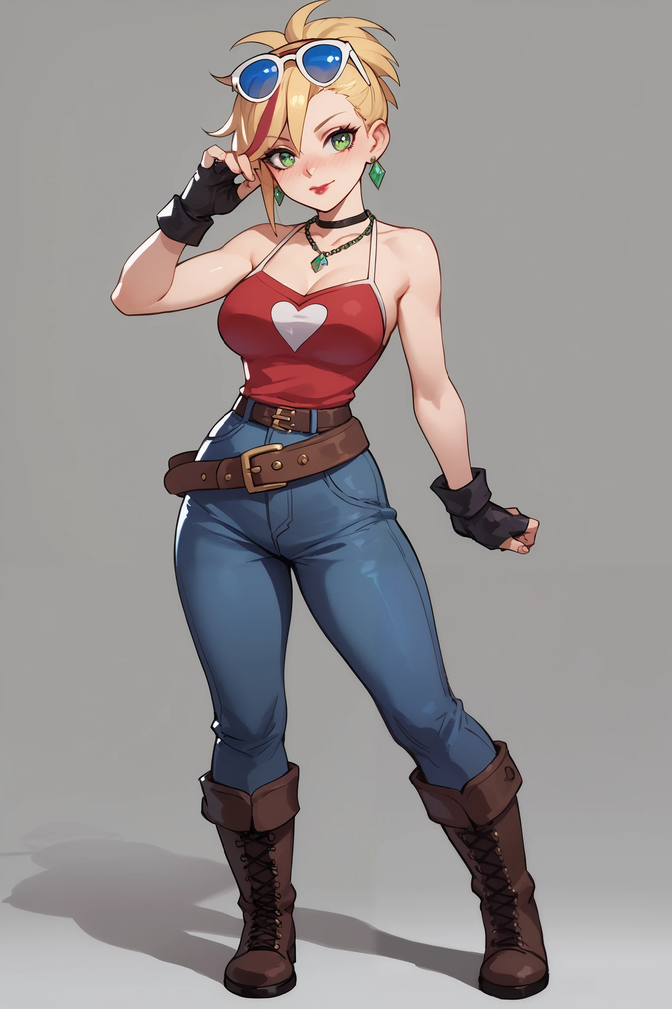20 year old girl, ponytail blonde hair, lots of red stripes on hair, blue sunglasses on head, cute face, green eyes, long eyelashes, light blush, green earrings, prism necklace, black swin top, black swin bottom, fingerless gloves, very loose brown belt, steel toe boots, thin waist, standing, relaxed down arms, cute pose, red Lips, Makeup, Nose Blush, Full body overview, fullbody view