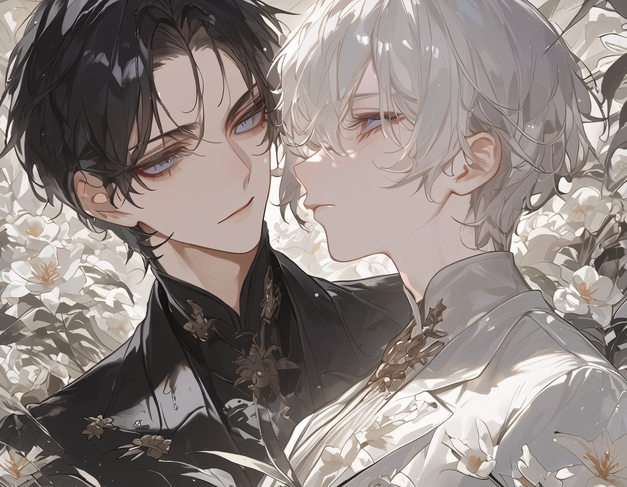 (((( 2 guys:1.6)))), perfect face, beautiful faces, Highly Detailed Faces ,(Man with short white hair :1.4),( Man with short black hair:1.4)、 lots of flowers 、suit