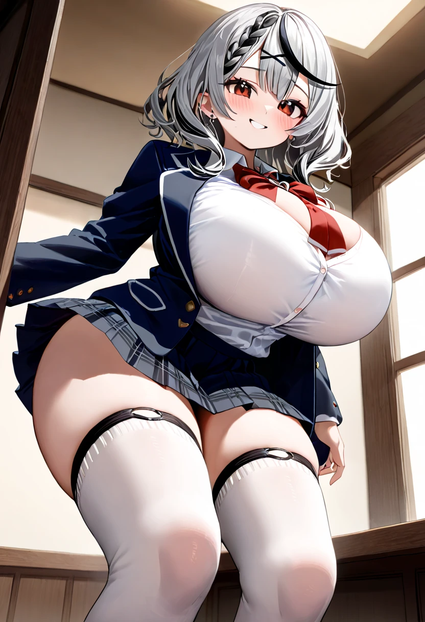 ( top quality  , 8k , masterpiece ),  girl  , young , 1 person , sakamata chloe ,  hololive  , Silver Hair , Big Breasts , smile ,  like heaven ,  red cheeks  , A rich variety of skin tones  , ( school uniform ,  blazer ,  white shirt ,   , 白い thigh-high socks ,  from below  :1.2) , ( huge breasts:1.2)