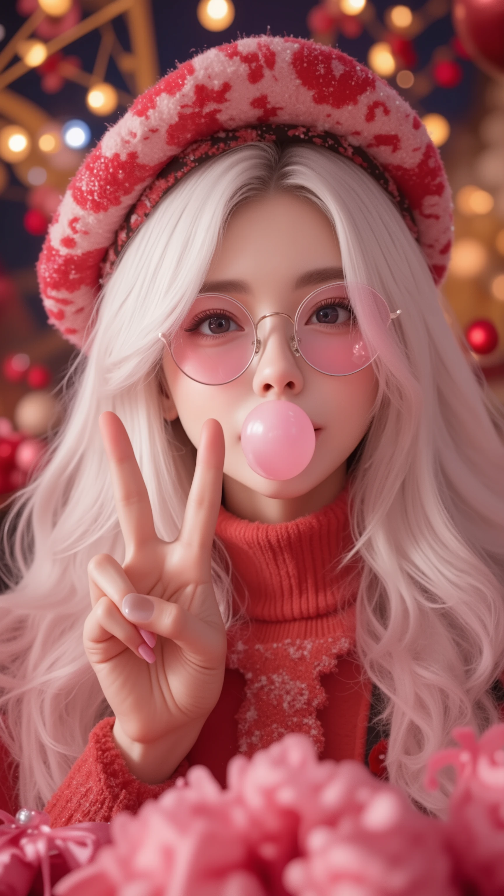 A portrait shot of a beautiful woman with white hair, wearing round glasses and a  hat. She is very big blowing  bubble gum and making a peace sign hand gesture. The scene features a Christmas theme with pink, red, and white colors. a high-quality 300 DPI PNG with a holiday background,