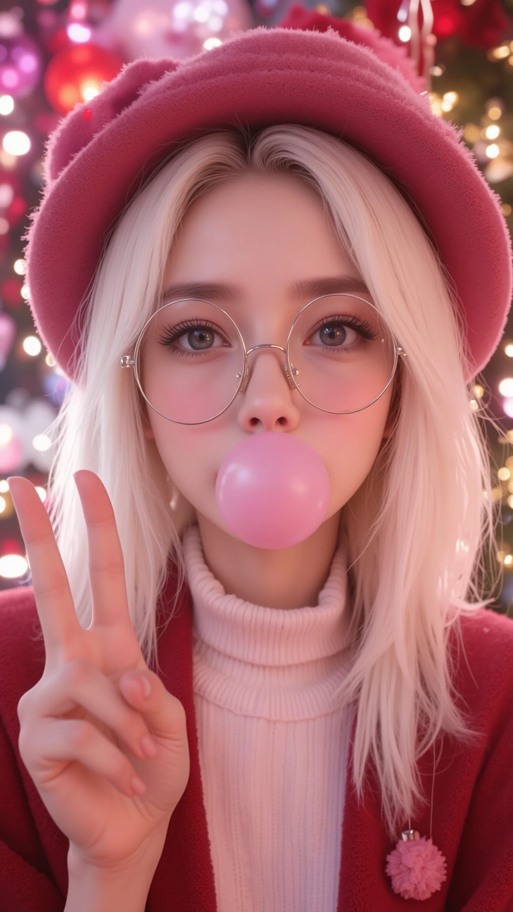 A portrait shot of a beautiful woman with white hair, wearing round glasses and a  hat. She is blowing bubble gum and making a peace sign hand gesture. The scene features a Christmas theme with pink, red, and white colors. a high-quality 300 DPI PNG with a holiday background,