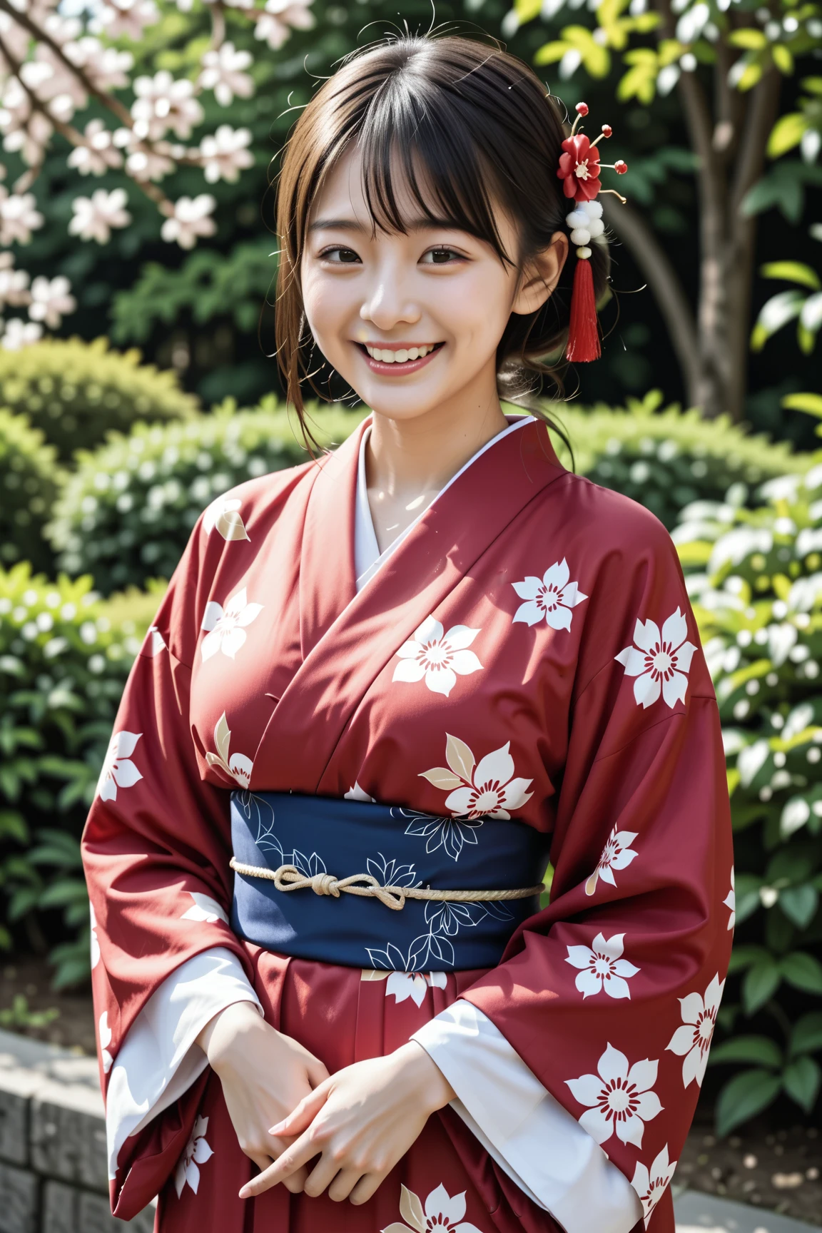   Japanese woman, (  photorealistic), (  small smile  ),Midi Hair,   red kimono, clear weather、Long-sleeved kimono, Classically patterned kimono with a sense of luxury、new year、　 Japanese-style hair accessory  、nude、
