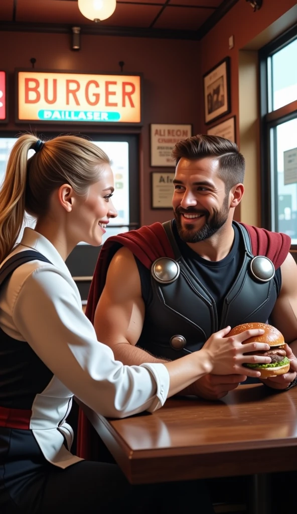 "Ultra-realistic 3D scene in a burger restaurant. Thor is sitting at a table, smiling and looking pleased as he receives a burger from Harley Quinn, who is acting as a waitress. Harley Quinn has a playful, flirtatious expression, serving the burger with a cheeky pose, exuding her signature quirky charm. Thor’s expression is warm and content, clearly enjoying the moment. The background features the cozy, vibrant ambiance of the restaurant, with burger menus, neon lights, and a casual yet lively atmosphere. The scene is cinematic, with dramatic lighting and 8K resolution to capture the details of their expressions and the lively setting."