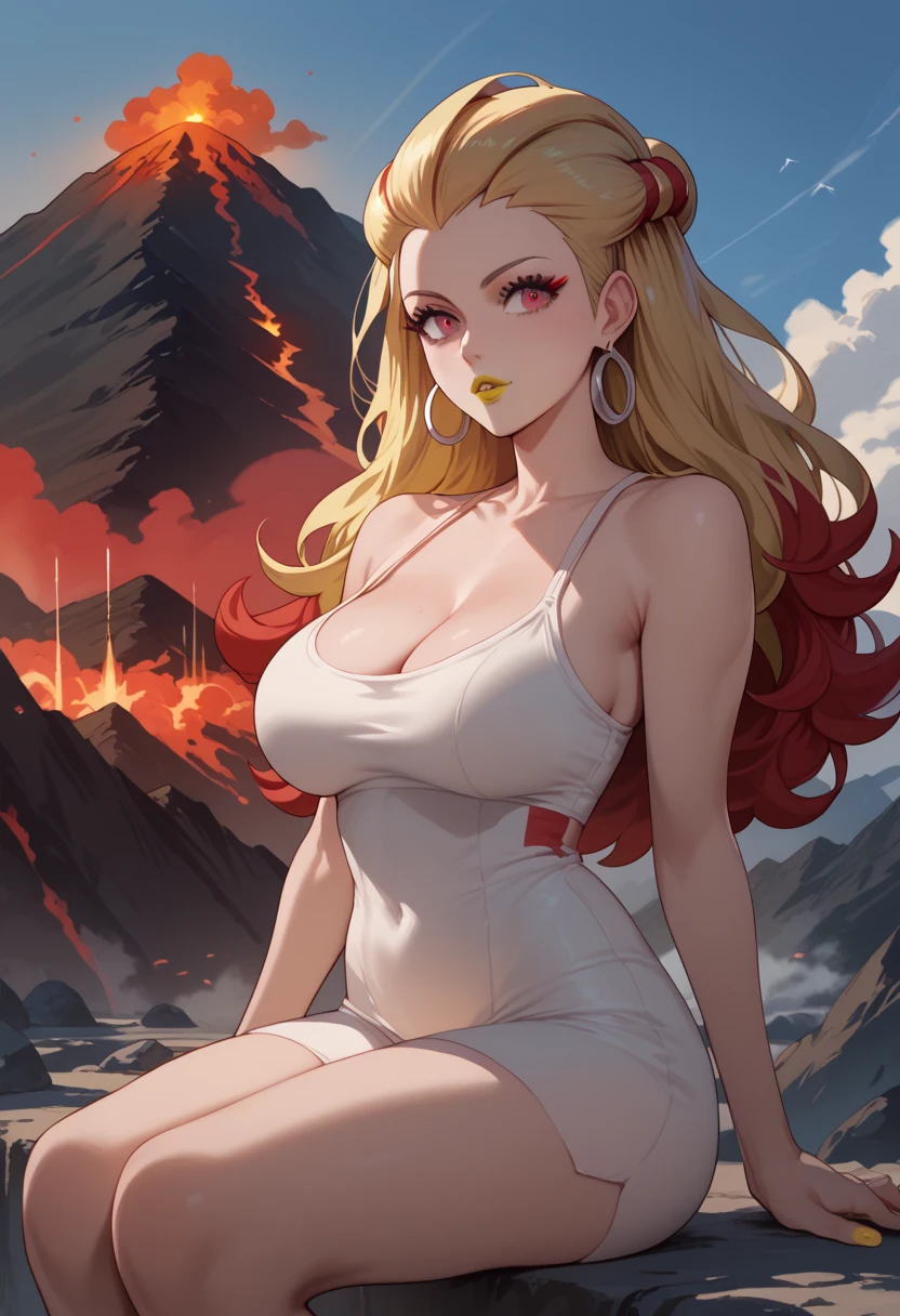 woman, white skin, yellow lipstick, blonde hair, red highlights in hair, red eyes, big breasts, anime style, volcano, long hair, young, pokemon trainer, 