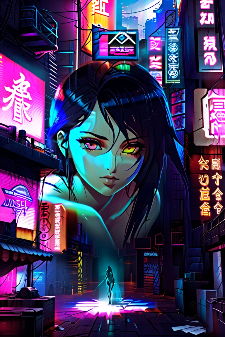 (masterpiece), best quality, expressive eyes, perfect face, female antihero, long black hair, holographic see through naked body, blend with shadow, (fading out), ((vanishing)), realistic 3d animation, ghost in the shell style, cyberpunk setting world, (dark rooftop lots of neons signs.) 