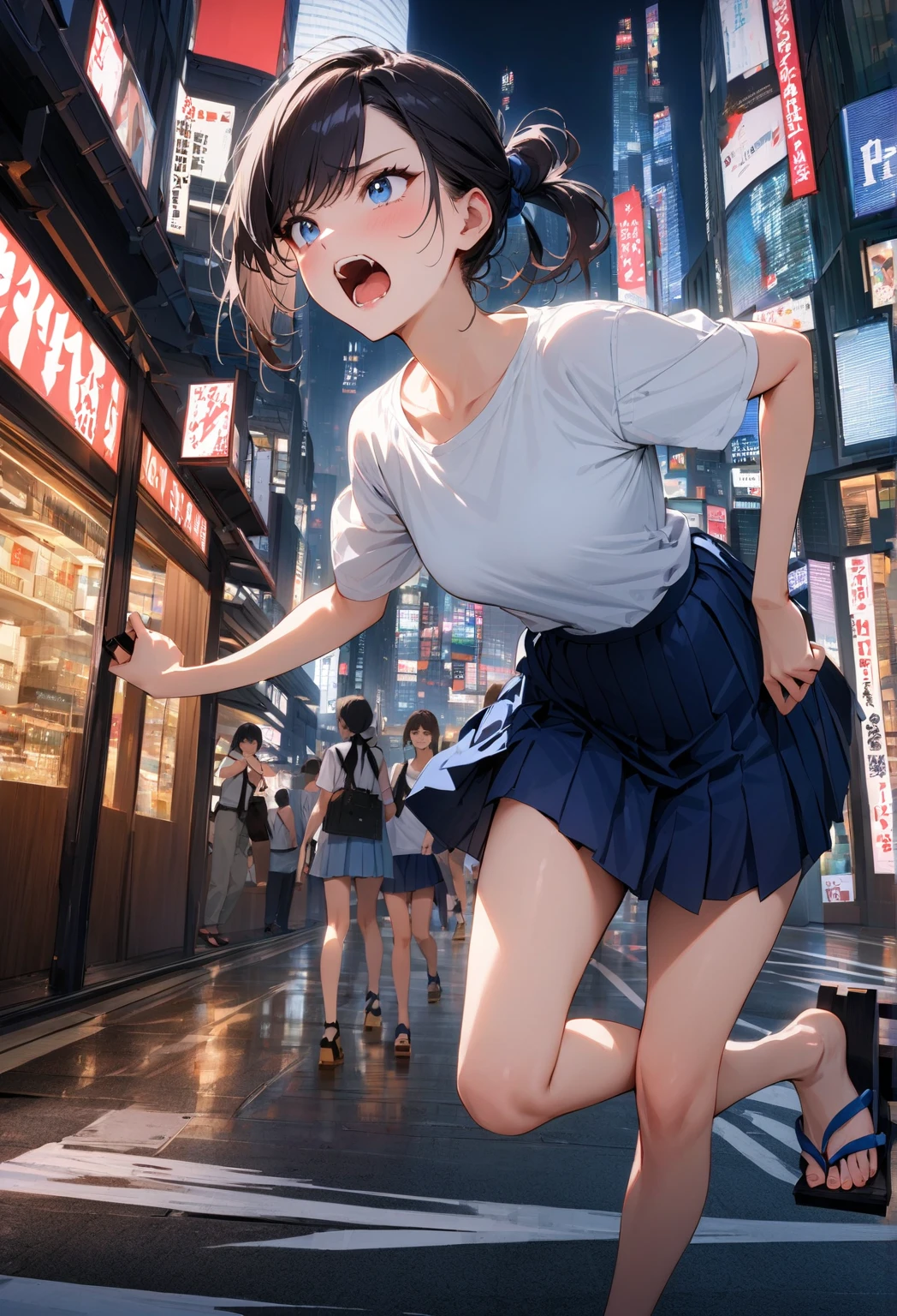 (super flat, flat shading), Honors Type, Really blushing, , high school girl, wearing long sleeve shirt and plaid pleated mini skirt, Short bob cut brown hair, Glasses, sweaty healthy body, mesugaki smile, bare legs, loafers, ultra realistic, early morning, breeze skirt lift, (spread legs:1.0), (running:1.2), in crowded street,