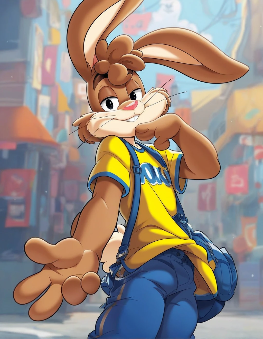 masterpiece, best quality, 8k, quicky,4 fingers,brown fur, blue pants, yellow t-shirt, bedroom eyes, standing, young adult, puffy hair, tall, cute version of quicky, cute rabbit hair, furry, rabbit, male, eyeshadow, slim,solo,looking_at_viewer,