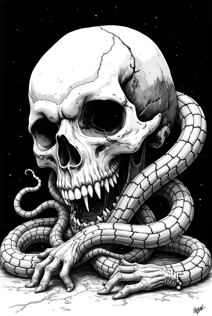  ink painting inspired by comic book panel illustrations, Black and white picture of a snake monster entangled in a skull ,  nightmarish illustration,  detailed digital drawing,  Highly Detailed Line Drawing ,  hyper detailed line drawing ,  horror!!  very detailed,  insanely detailed line drawing ,  very detailed linework, Strong line drawing,  very detailed dark art, 怖い detail カラーのアート ,  horror illustration,  detailed ink painting Lovecraft illustration , Lovecraft Art , HP Lovecraft Style ,  Space horror illustration ,  lovecraftian Inspiration ,  Mixed Venom and Cthulhu ,  Lovecraft cosmic horror ,  Lovecraft Myths , Inspired by Lovecraft, ラブクラフトの horror, is entangled with his hands and feet in front of an anatomically correct ,  very detailed,  detail ,  drawn in white on a black background 