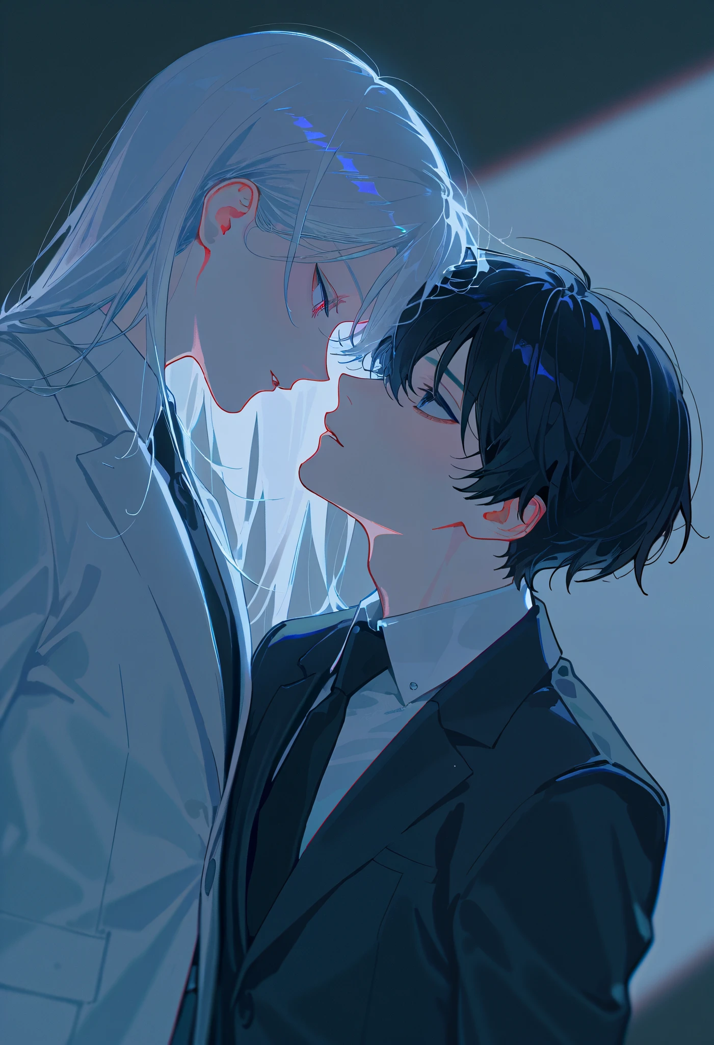 (((( 2 guys:1.6)))), perfect face, beautiful faces, Highly Detailed Faces ,(Man with short white hair :1.4),( Man with short black hair:1.4)、 lots of flowers 、suit