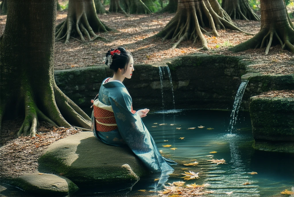 A woman wearing a kimono sits on a rock 、 An autumn forest made of old, rugged old trees,  sparkling swallow pool ,  fallen leaves floating .  light shines through grayish leaves 、 shining in small drops of water . Vivid warm colors . fantastic、 realistic pictures、 RAW photos 、