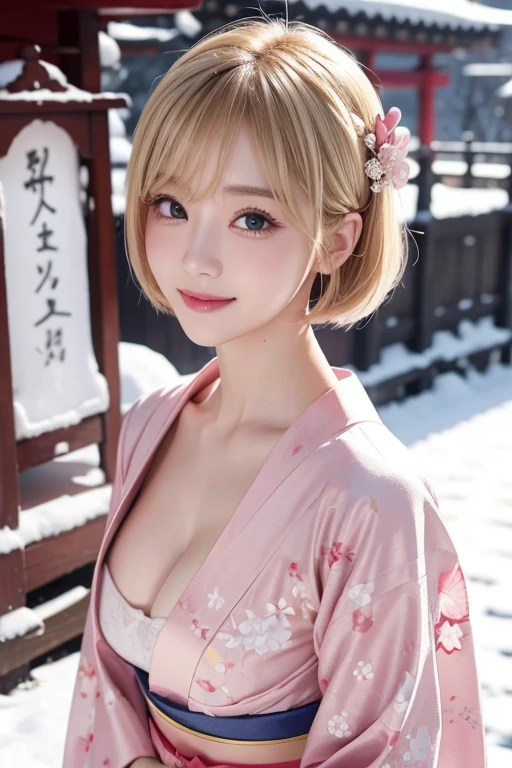  CUTE WOMAN LIKE AN IDOL, New Year's attire,shrine,kimono,winter,snow, blondes,  HIDDEN HIGHLIGHTS ,  pink, first visit of the year to a shrine, I can see my cleavage , big breasted beauty, Cute outfits,  bob cut,  PERFECT STYLE , 23 years old,   Details, Rounded outline, Round face, AI Images, Big Eyes , real   Details images,  long eyelashes,  REAL THINGS LIKE A SMILE , Mr.々A pose, Realistic hair,  thin style 