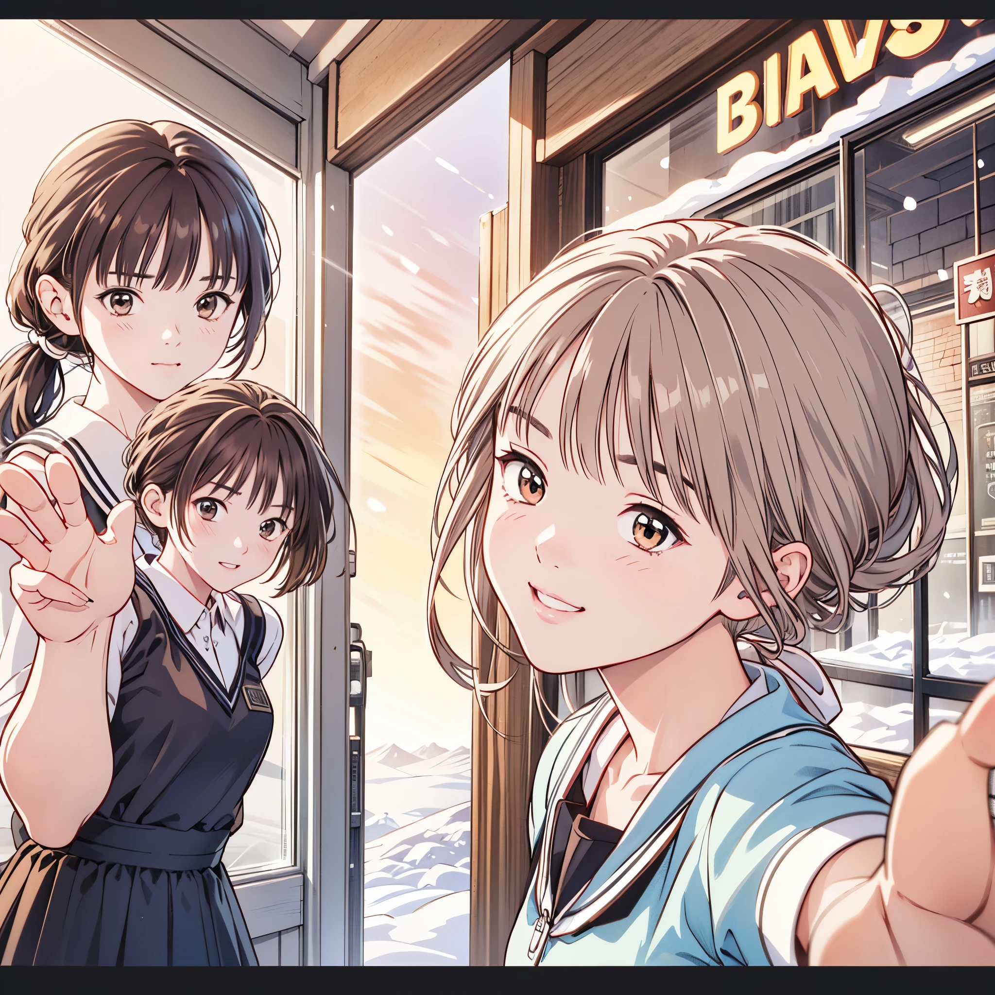 (8k、 top quality 、​masterpiece:1.2)、( realistic、 ultra-detailed、 super A high resolution、 2 girls in 2、(One person has silver hair 、一人はBrown Hair )、 beautiful detailed faces in dark bars、smile、narrow、( slim waist) :1.3)、Spring Clothes、  、 Skin Texture 、Floating Hair、  PROFESSIONAL LIGHTING IN A TRENDY PARISIAN CAFE  、***************************服 人体全体、Brown Hair、Shy、Mikity、 romantic in the snow、((***************************、、Ponytail、 idol poses))、