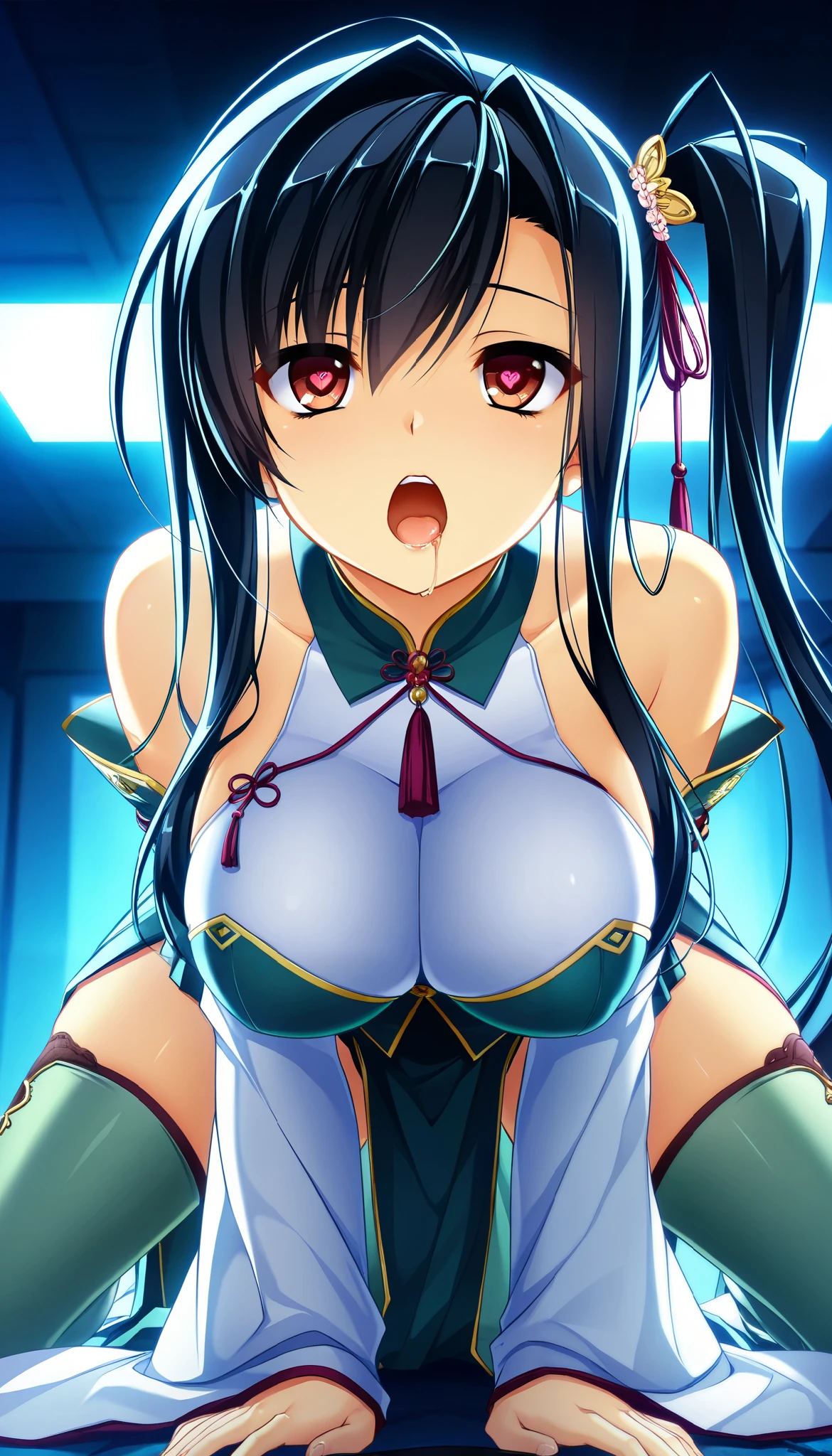 The night when the kan'u  \(koihime musou\),  open your mouth, Beautiful Finely Drawn Eyes , Shining Corona pupils ,  glossy lips , Greasy Lips ,  Highly Detailed Faces ,  long elegant fingers ,  long hair,  side ponytail ,  Dramatic Lighting ,  dark fantasy,  indecent vibe, Surprised expression, Glare:1.4,  attached a curved blade to the tip of the long handle_Holding a sword ,  random action pose , Beautiful round breasts:1.2, Beautiful bodyline,  brightly colored ,  Cinematic Composition ,  anime style :1.2, Detailed CG illustration, 8k, masterpiece．