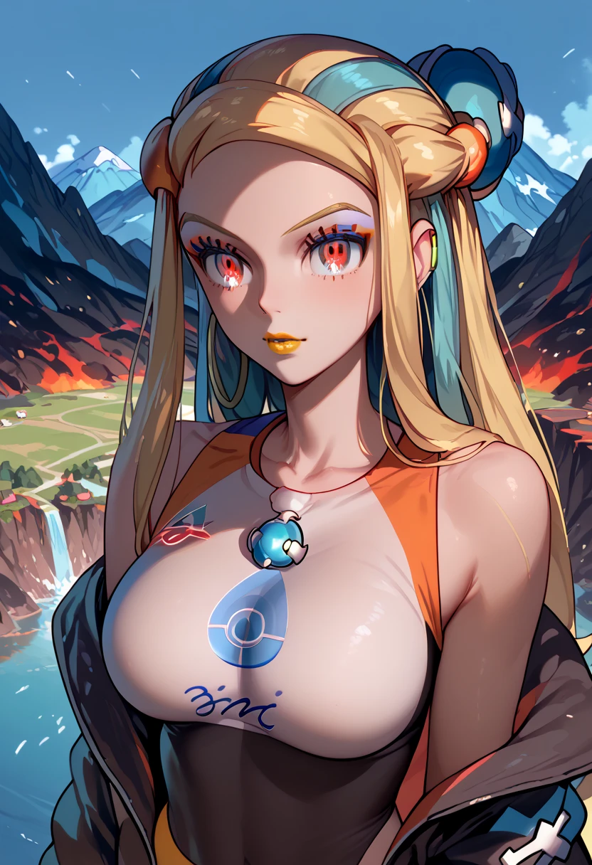 woman, white skin, yellow lipstick, blonde hair, red highlights in hair, red eyes, big breasts, anime style, volcano, long hair, young, pokemon trainer