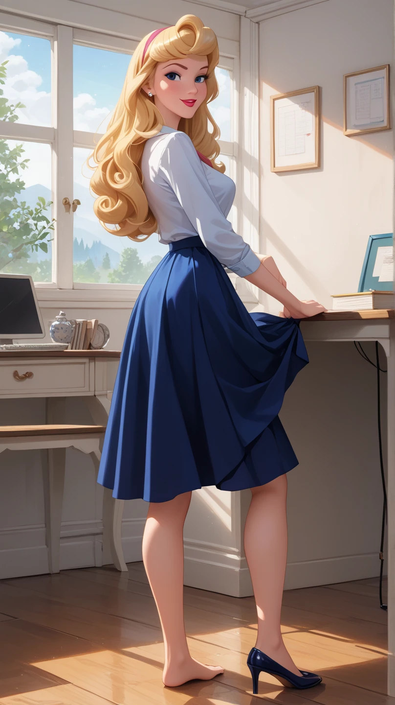 PonyXLV6_Scores ,source_anime, masterpiece,best quality, highly detailed, full body view,BREAK Aurora,1girl, porcelain doll, solo, blonde hair, blue-purple eyes, naughty face, small-medium beautiful feet, loose hair, Aurora Disney 3D render, (Aurora wearing as a sexy teacher, standing behind of a desk, lifting her skirt showing her little pussyț), ((taking off one shoe, missing one shoe, showing right foot-toes)), (Aurora's face exactly as original Disney character),