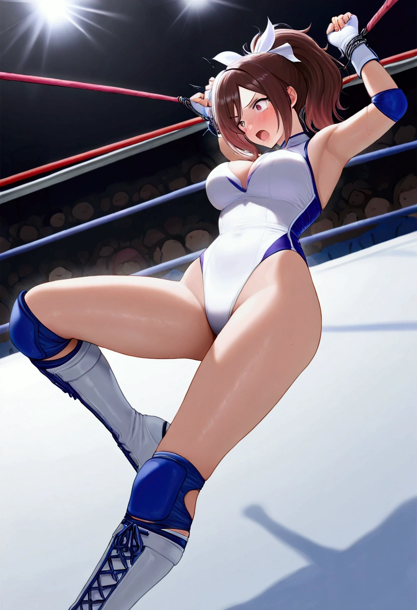 ((((masterpiece)))), (( unity 8k wallpaper,  photorealistic , ((  detailed face  )),  Female Pro Wrestler with Floating Legs,Umezaki Haruka  ,Pain々Funny face, ponytail,ribbon, pure white leotard ,Elbow guard,  leg protector  ,  There are 3 ropes stretched on all sides of pro wrestling,torture,Crotch torture by a triangular rocking horse,Punishment by my boyfriend, The background is a pro wrestling venue,The audience is crowded