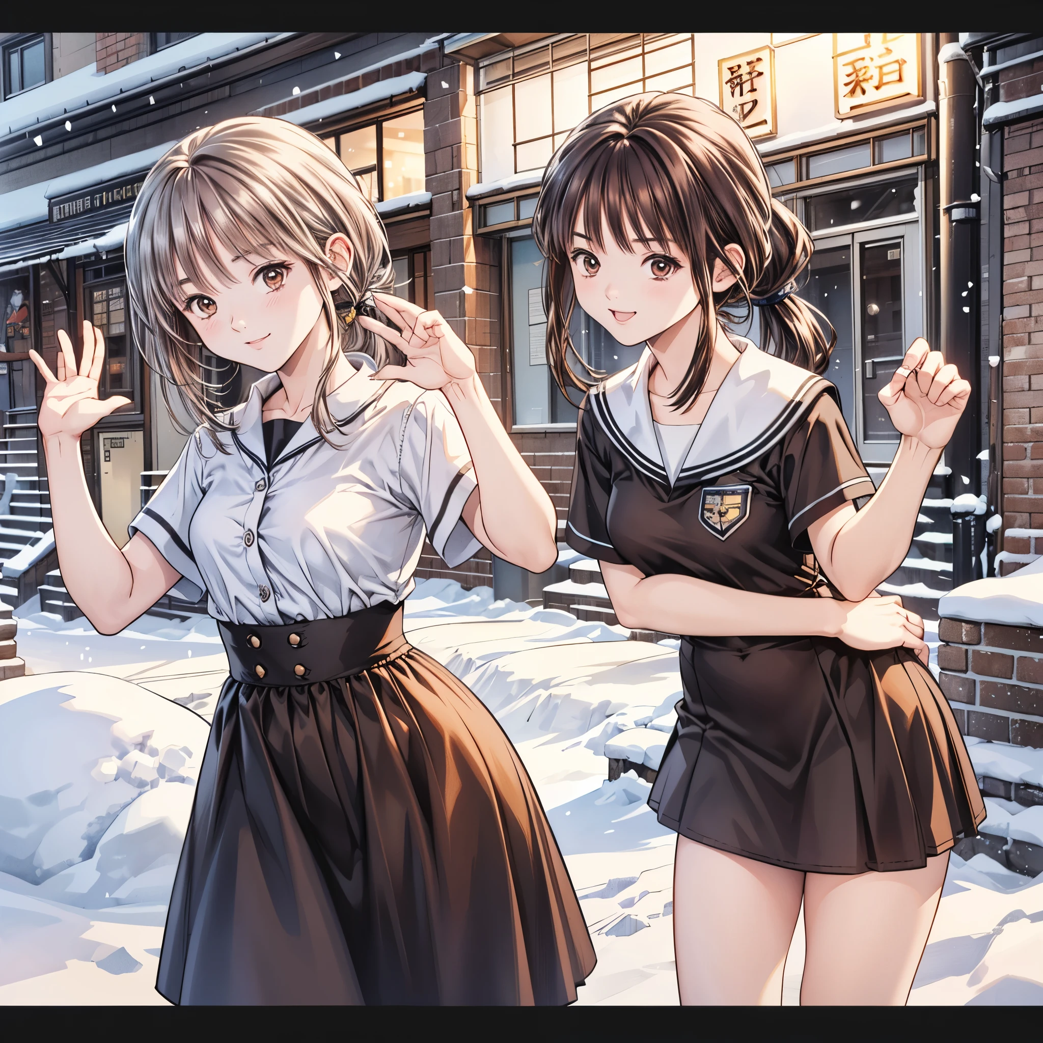 (8k、 top quality 、​masterpiece:1.2)、( realistic、 ultra-detailed、 super A high resolution、 2 girls in 2、(One person has silver hair 、一人はBrown Hair )、 beautiful detailed faces in dark bars、smile、narrow、( slim waist) :1.3)、Spring Clothes、  、 Skin Texture 、Floating Hair、  PROFESSIONAL LIGHTING IN A TRENDY PARISIAN CAFE  、***************************服 人体全体、Brown Hair、Shy、Mikity、 romantic in the snow、((***************************、、Ponytail、 idol poses))、