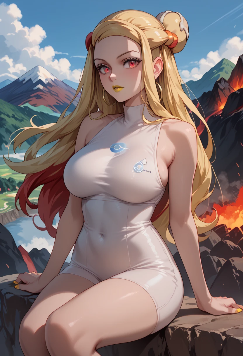 woman, white skin, yellow lipstick, blonde hair, red highlights in hair, red eyes, big breasts, anime style, volcano, long hair, young, pokemon trainer