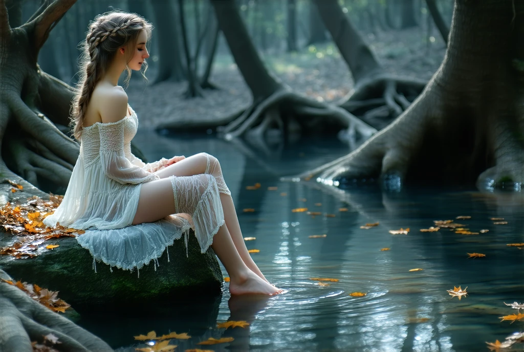 Magical World、Woman sitting on a rock wearing clothes、 An autumn forest made of old, rugged old trees,  sparkling swallow pool ,  fallen leaves floating .  light shines through grayish leaves 、 shining in small drops of water . Vivid warm colors . fantastic、 realistic pictures、 RAW photos 、