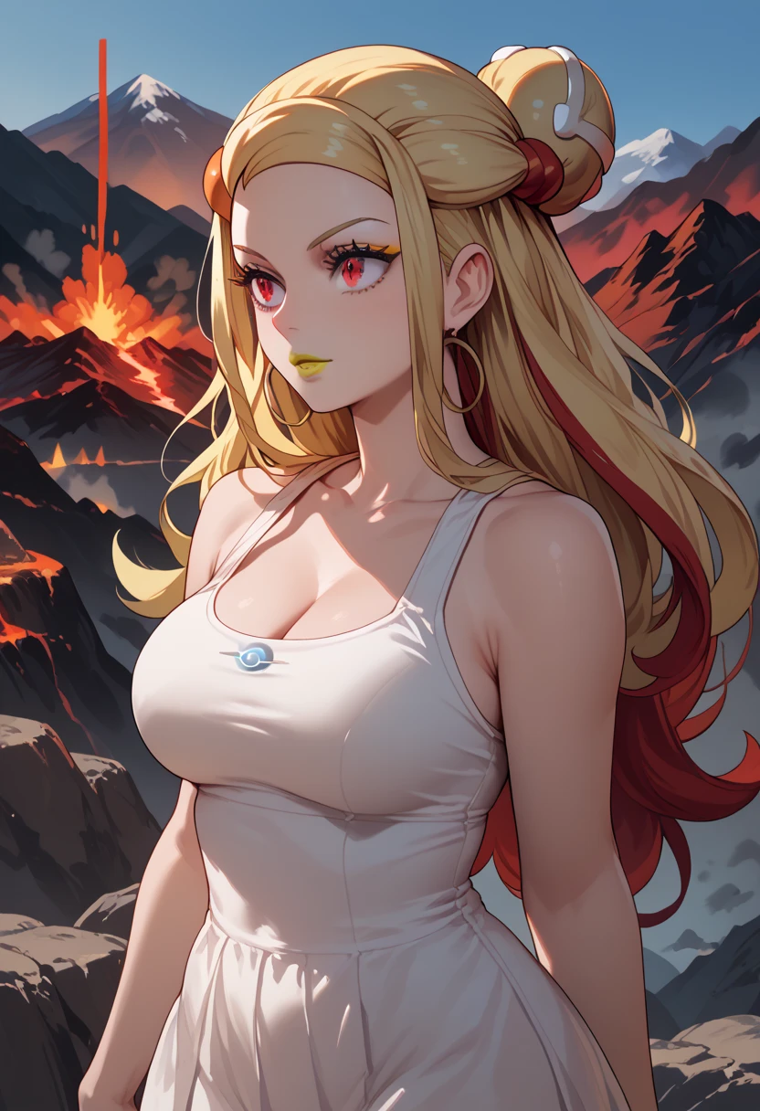 woman, white skin, yellow lipstick, blonde hair, red highlights in hair, red eyes, big breasts, anime style, volcano, long hair, young, pokemon trainer