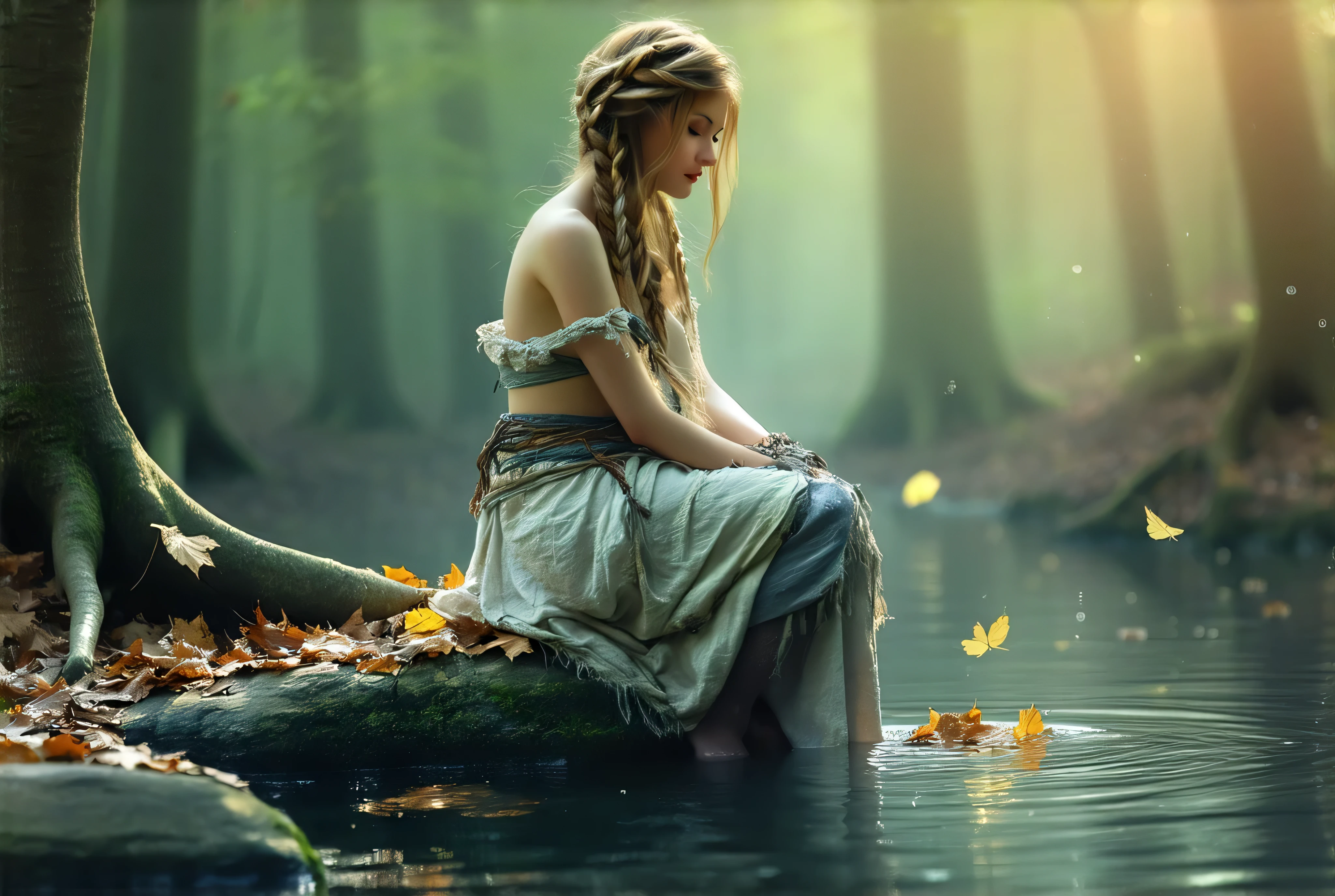 Magical World、Woman sitting on a rock wearing clothes、 An autumn forest made of old, rugged old trees,  sparkling swallow pool ,  fallen leaves floating .  light shines through grayish leaves 、 shining in small drops of water . Vivid warm colors . fantastic、 realistic pictures、 RAW photos 、