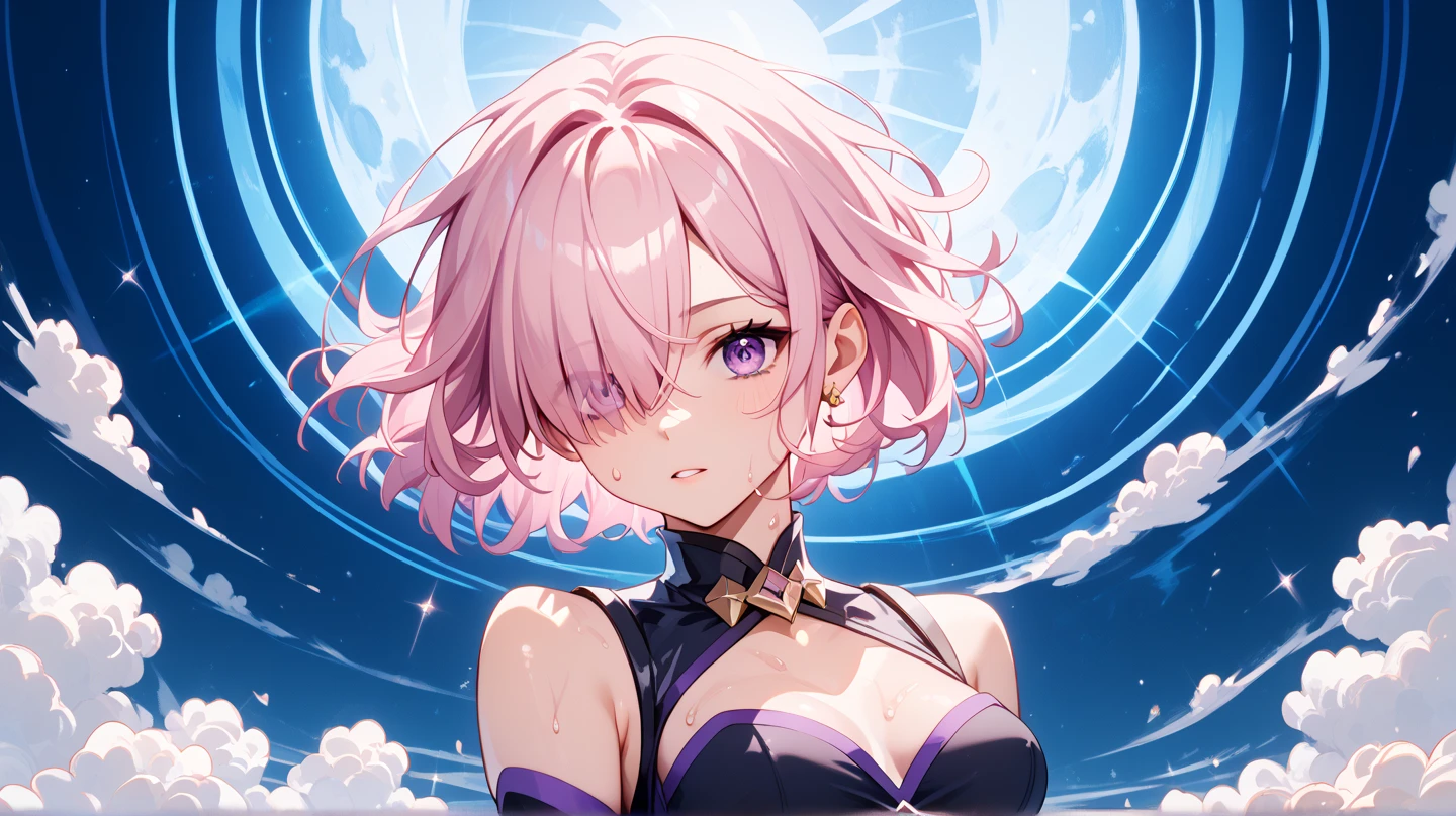 {{{masterpiece}}}, {{{best quality}}}, {{ultra-detailed}}, {{an extremely delicate and beautiful}},1gail, short hair, pink hair, purple eyes, hair over one eye, leotard, Clothing Cutout, elbow gloves, Thighhighs, medium breasts, sweat,