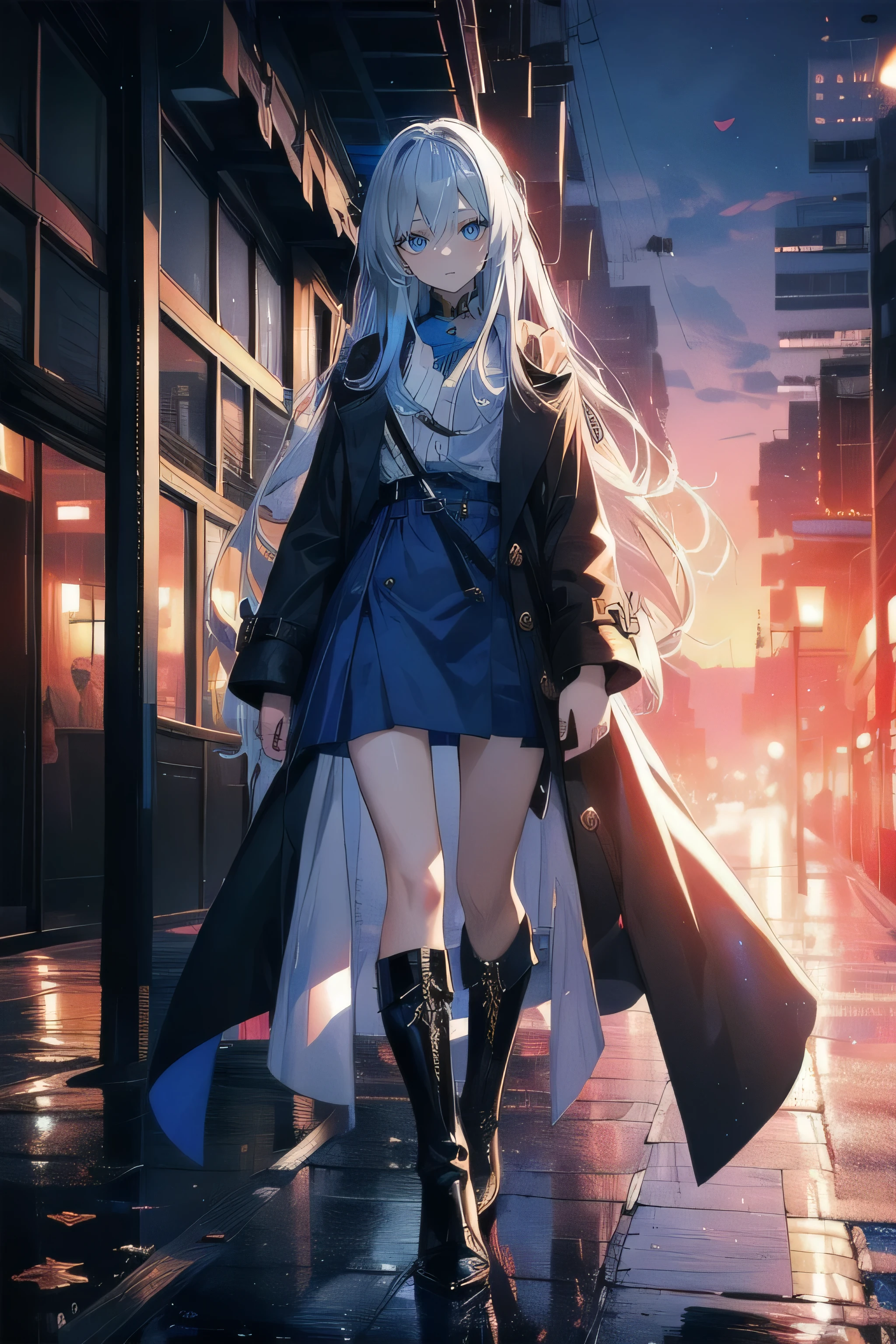 (masterpiece), (best quality), ultra detailed, finely detailed color, cenematic painting, bishoujo, ((one lady)), ager, cute face, white hair, absurdly long hair, straight hair, ((deep blue eyes:1.5)), standing, chocker, ((long coat)), (dark coat), (trench coat) ((blue miniskirt)), bare legs, ((long boots)), ((black boots)), white shirt, expressionless, slender body, small chest, urban, sunset, rooftop