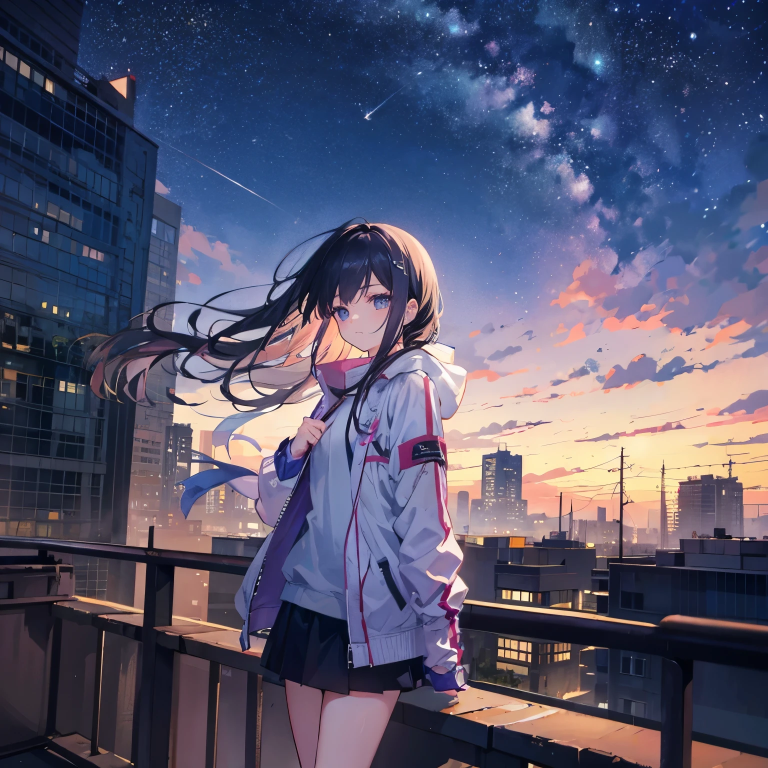 Anime girl standing on a rooftop with a city in the background - SeaArt AI