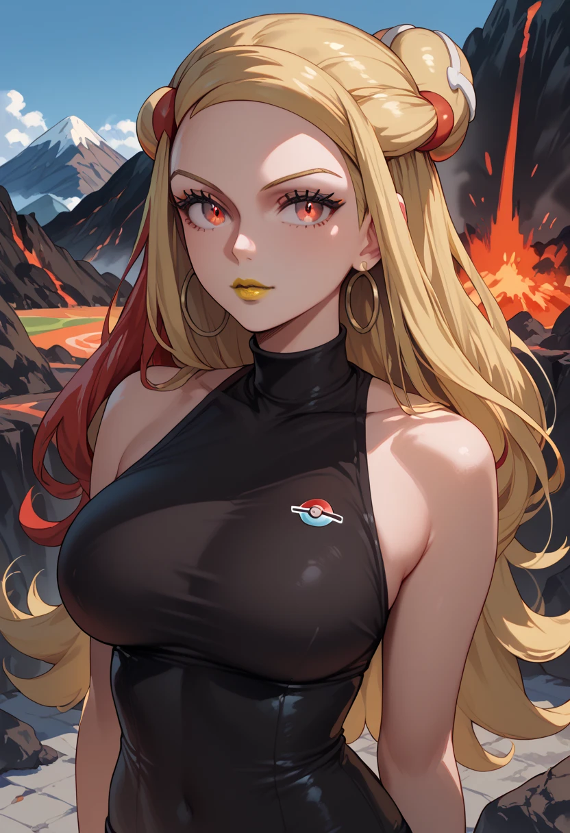 woman, white skin, yellow lipstick, blonde hair, red highlights in hair, red eyes, big breasts, anime style, volcano, long hair, young, pokemon trainer, black clothes