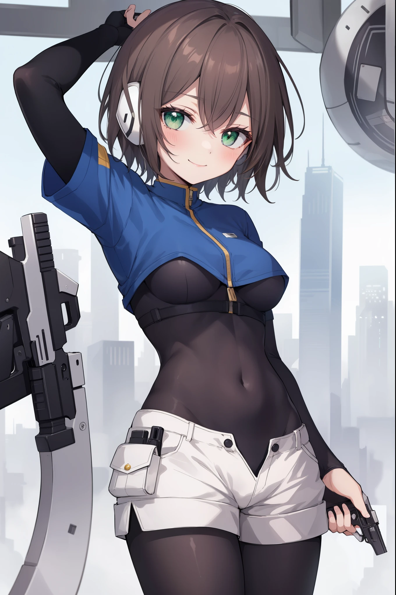 masterpiece, best quality, integrated scenery, integrated background, extremely delicate and beautiful, meticulous details, good composition, , cute face, perfect face, perfect hands, aile_megamanzx, , 1teen_girl, solo, short hair, brown hair, short sleeves, (bodysuit), robot ears, green eyes, short_shorts, short sleeves, short over long sleeves, smile, in futuristic city, , high quality, medium_breasts,crotch, slouch,handgun,