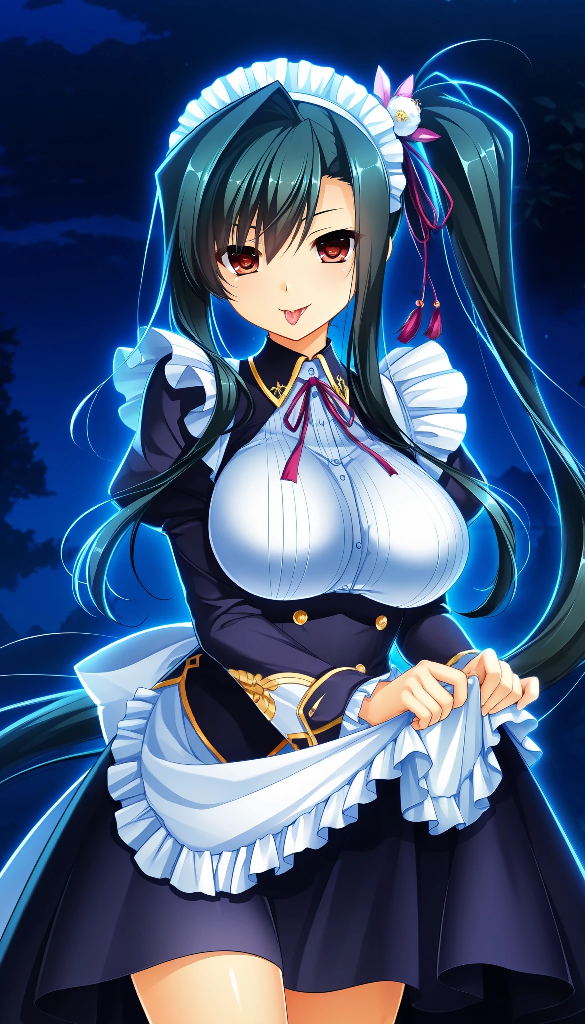 The night when the kan'u  \(koihime musou\),  open your mouth, Beautiful Finely Drawn Eyes , Shining Corona pupils ,  glossy lips , Greasy Lips ,  Highly Detailed Faces ,  long elegant fingers ,  long hair,  side ponytail ,  Dramatic Lighting ,  dark fantasy,  indecent vibe, Surprised expression, Glare:1.4,  attached a curved blade to the tip of the long handle_Holding a sword ,  random action pose , Beautiful round breasts:1.2, Beautiful bodyline,  brightly colored ,  Cinematic Composition ,  anime style :1.2, Detailed CG illustration, 8k, masterpiece．