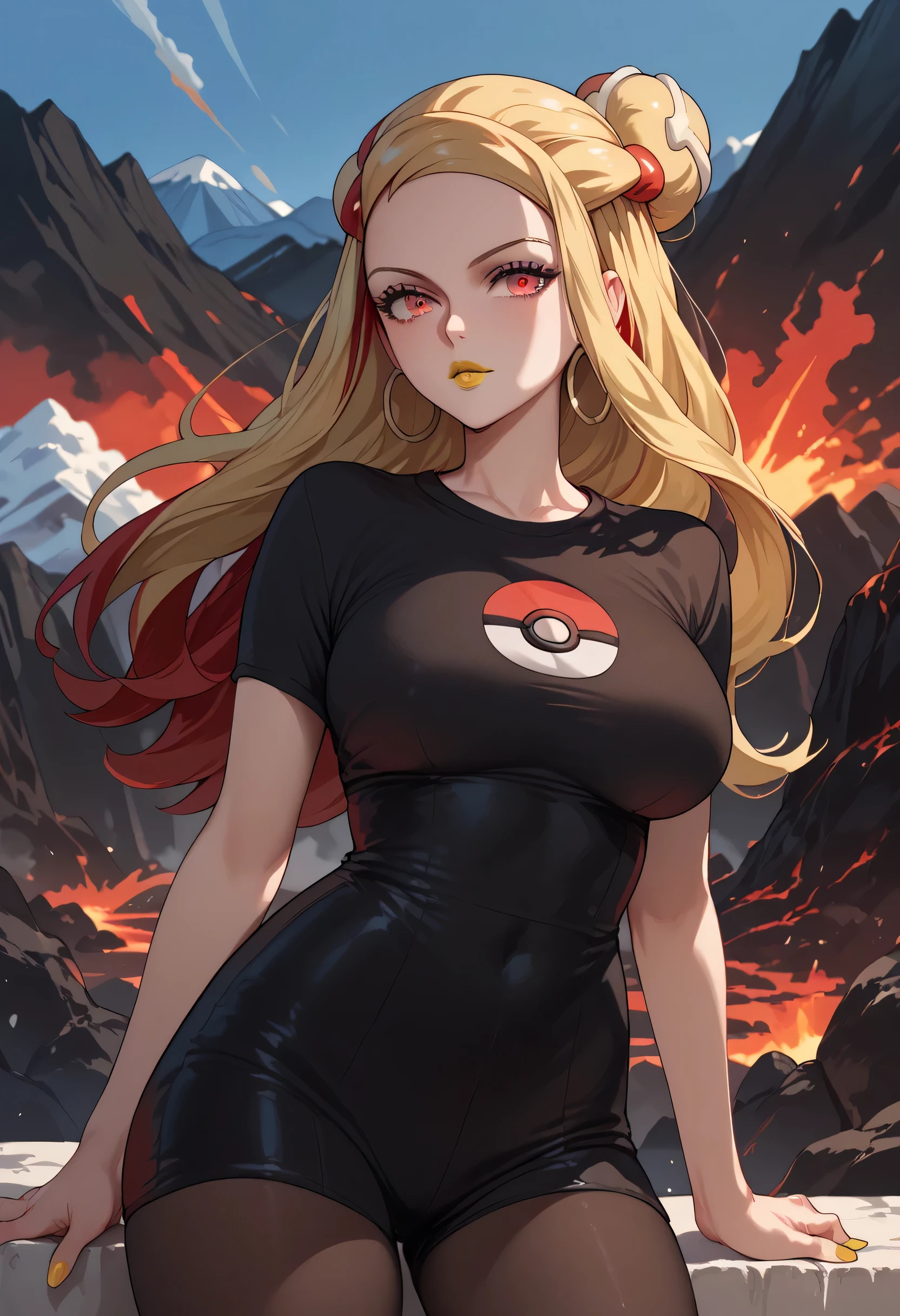 woman, white skin, yellow lipstick, blonde hair, red highlights in hair, red eyes, big breasts, anime style, volcano, long hair, young, pokemon trainer, black clothes, Pokémon 