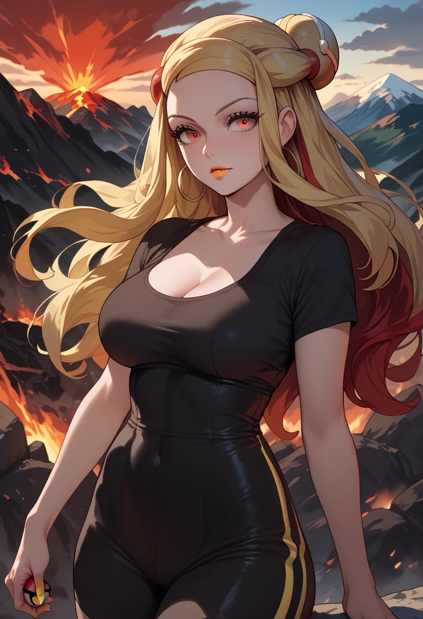 woman, white skin, yellow lipstick, blonde hair, red highlights in hair, red eyes, big breasts, anime style, volcano, long hair, young, pokemon trainer, black clothes, Pokémon 