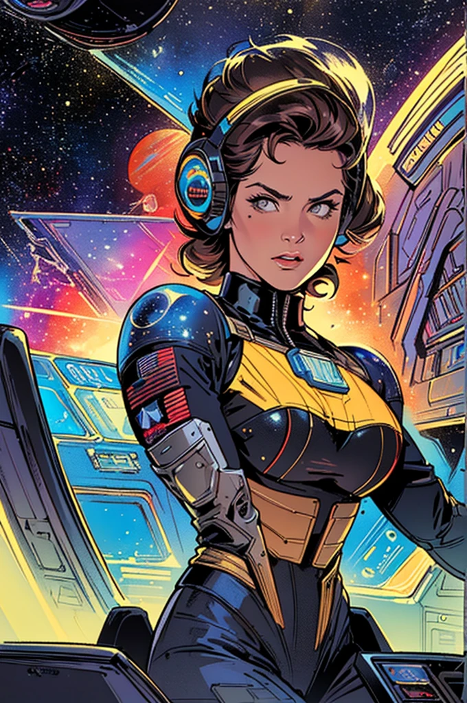 (((Top Quality Masterpiece ))),(((solo:1.2))),((( 1 woman :1.2))), 32K Highly Detailed Wallpaper , Retro Vintage Style ,(dynamic Angles),((( overwhelming highlights))),((most complex machine)), very flashy color scheme American comics,80s space thriller movie poster ,70s movie poster,Detailed space station、(((Perfect woman's expression ))),((( bust up))),(((galaxy ecstasy texture ray)))