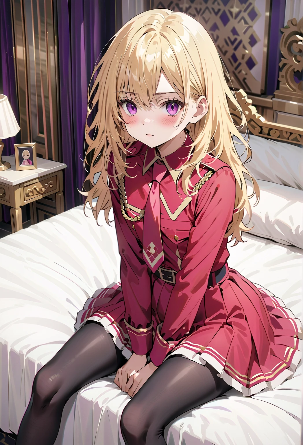  high image quality 、masterpiece、  High Quality   、Full HD、4K 、Take a full-body photo、 Golden Hair 、 、 semi-long 、 purple eyes、Cat Eyes、blush、 Danger Emoticons、Estrus、 slim、 flat chest、blush、royal palace、Sit on a big bed、 Black Tights 、Red Uniform、 red tie、 red skirt 