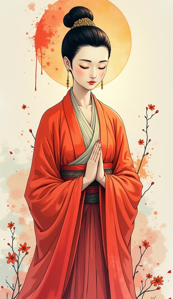 Ink painting、Watercolor、 vivid colors、Jimo Kannon 、The appearance of a gentle and gentle woman、 illustration art、