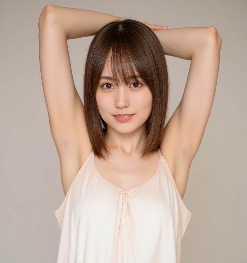 (Half open eyes and   、  It looked at us  ),(Round face woman),(naked),,  raises arms,(  are because Shirokane is in the middle of winter),
(  cowboy shot :1.3),Front View,(  Looks like she wants a white duvet background for the bed )
(   Straight light brown hair slightly longer than shoulders ),
  Face climax from satisfying sexual desire   ,
 Please Squint ,   Her expression wants to lick your penis  ,  skin that shines with sweat
breaks
Photo  、
Actual Product、