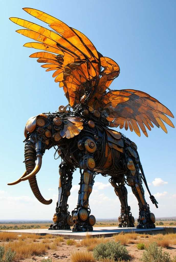   large flying metal sculpture ,  feathered elephant made of mechanical parts , giant animal elephant , first steampunk elephant,, Giant sculpture, Solar Punk Phoenix ,  Surreal Metal Sculptures , Kinetic Art,  strange works of art , Dramatic works of art,  Biomechanical Sculptures ,