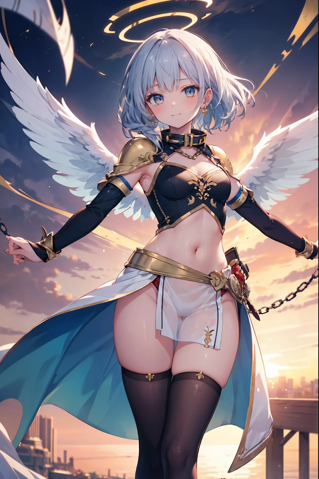 masterpiece, best quality, integrated scenery, integrated background, extremely delicate and beautiful, meticulous details, good composition, cute face, perfect face, perfect hands,  fantasy, 1angel_girl, _teene_hair,long_bangs, (light_skin),bare_outside_chest, bare_flank, thighhighs,silver_shiny_armor, (sidelock_tabard:1.5),side_cutout,waist_chain, Glebe, grab_swords, small_breasts, dynamic_flying_pose,Floating, (1pair_white_wings:1.2),(pelvic_curtain:1.3), silver_Headgear ,looking_down_at_sunset_city_sky_background,,slightly_spread_legs, 1swords,solo,glare_halo,smile,open_legs,open_arms,rise_knee,rise_leg,rise_thigh,rise_leg,forward_leaning_posture,apart_legs, glitter_gold_eyes, fine_gold_embroidery,(covered_navel:0.3),collar,gold_chains,(peek_cleft_of_venus:1.3), floating_clothes,
