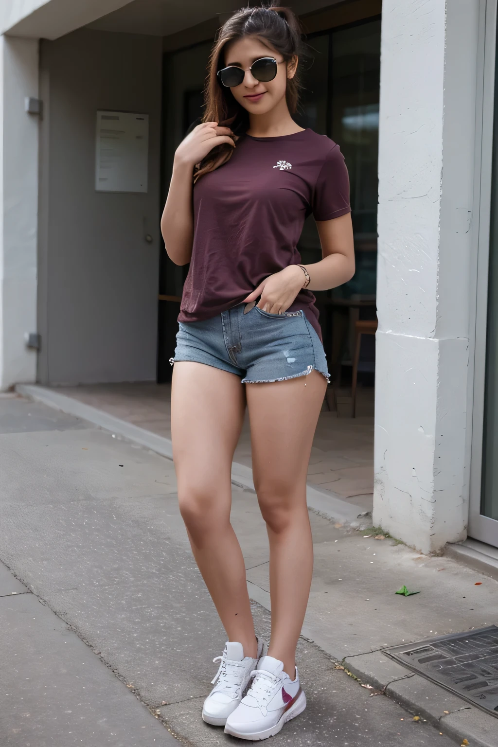 ((best quality)), ((masterpiece)), (detailed),
A beautiful 21 year old indian girl with long hair smiling face beautiful eyes wearing a full shirt hands fold and a jeans shorts hot pant standing ponytail hairstyle wearing sunglasses in eyes and sneakers full pic from long distance